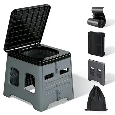Produktbild von Campingtoilette, Tragbare Toilette, Mobile Toilette, Camping Klapptoilette mit Toilettenbeuteln, Klappstuhl, für Outdoor Camping, Festival, Stau, Zelt
