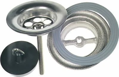 A collection of sink drain parts, including a strainer basket, a rubber stopper, and a gasket, arranged on a white background.