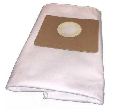 A white vacuum cleaner bag with a brown cardboard attachment is shown against a white background.