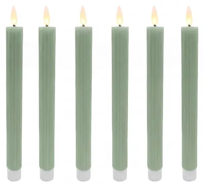 Produktbild von Relaxdays LED Stabkerzen, 6er Set, HxD: 25 x 2 cm, flackernde Flamme, Echtwachs, mit Rillen, flammenlose Kerzen, salbei