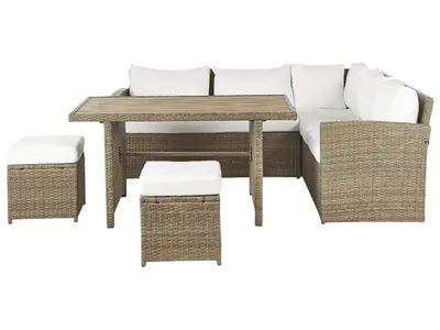 Produktbild von BELIANI Gartenmöbel Set Polyrattan Braun Textil Weiß inkl. Auflagen 5-Sitzer Lounge Set Tisch Zwei Hocker Terrasse Outdoor Garten Modern