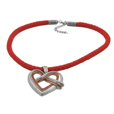 Produktbild von Kette Landhaus-Stil Anhänger Metallguss Herzbrezel rot-silbergrau Kordel rot 45cm rot 53x39mm