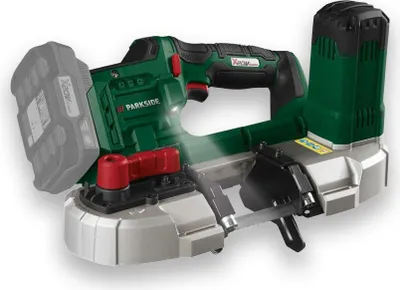 A cordless band saw is shown against a white background.