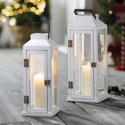 Produktbild von 2x Laterne "Shabby" aus Holz, weiß, 38 + 45 cm groß, Kerzenständer, Windlicht