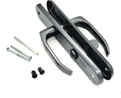 A set of door handles and mounting hardware on a white background.