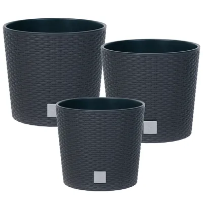 Produktbild von Innen & Außenbereich Set 3x Blumentopf Rund Rattan H 19 22 27 cm Anthrazit mit Pflanzeinsatz Rund