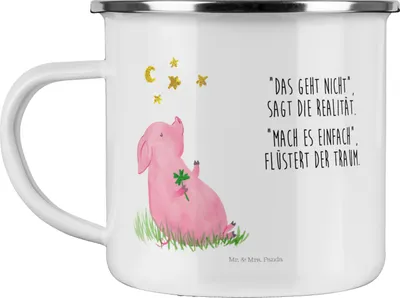 Produktbild von Mr. & Mrs. Panda Emaille Tasse Schwein Glück - Weiß - Geschenk, Pott, Lustige Sprüche, Teetasse, Ziele, Motivation, Sterne, Kaffeepott, Träume, Glücksbringer, wandertasse