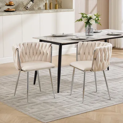 Produktbild von LVHOM 2er Set Esszimmerstühle mit geflochtener Rückenlehne, Polsterstuhl mit Samtbezug, Armlehnstuhl mit silbernen Beinen, bis 136 kg belastbar, Beige