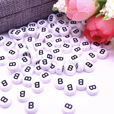 Produktbild von Buchstaben Perlen, 30 Stück, 4x7 mm, weiß mit schwarz, rund, Buchstabe B