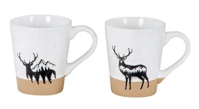 Produktbild von 2er Set Steingut Tassen 360ml Hirsch Kaffeetasse Natur Becher Modern Alpen Design Küchengeschirr Heißgetränke Kaffeepott Weihnachten Tischgedeck