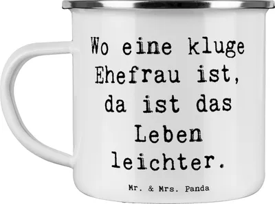 Produktbild von Mr. & Mrs. Panda becher emaille Spruch Kluge Ehefrau - Weiß - Geschenk, Lebensqualität, klug, Kaffeepott, Verwandte, Haferl, Pott, für, Teetasse, Partnerschaft, Tasse