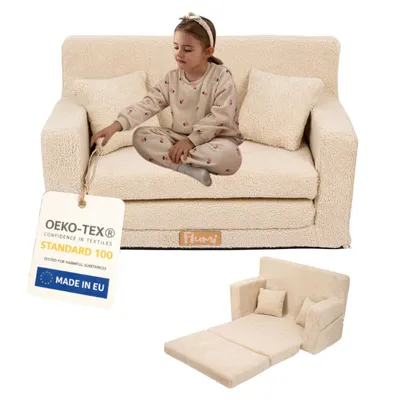 Produktbild von Flumi Kindercouch Kindersofa Spielsofa mit Schlaffunktion für Kinderzimmer -Schlafsessel mit Bettfunktion - Kindermöbel - Boucle dunkelbeige