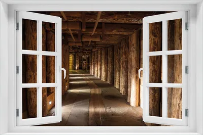 Produktbild von Wallario Wandbild aus Acryl, 60 x 90 cm, freischwebende Optik - Alter Tunnel in einer Salzmine in Polen mit Fenster-Illusion