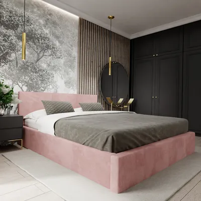 A modern bedroom with a pink upholstered bed as the focal point.
