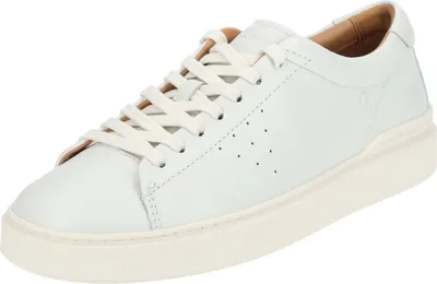 A white leather sneaker with cream-colored soles and laces, shown from a side angle against a white background.