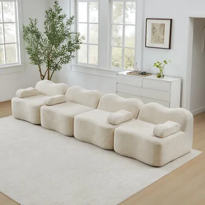 Image de Canapé modulable quatre places de forme ondulée, velours, mousse 32D, coussin d'accoudoir amovible, 384 x 98 x 70 cm, beige