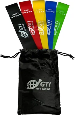 Zdjęcie produktu dla Opaska fitness GTI, opaska gimnastyczna, opaska oporowa zestaw 5 z torbą do przenoszenia, opaska gimnastyczna 100% lateks Theraband z instrukcją ćwiczeń w języku niemieckim, do budowania mięśni, jogi, crossfitu, gimnastyki itp.