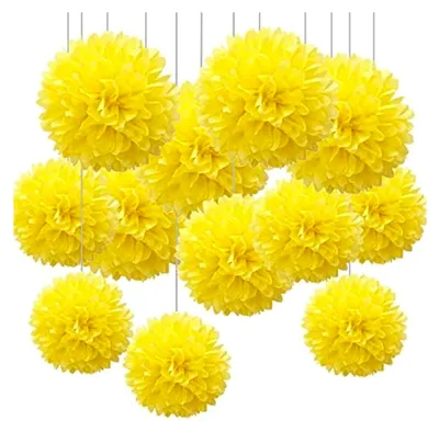 Produktbild von 12 Stück Gelbe Seidenpapier-Pompons für die Partydekoration
