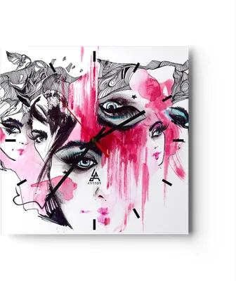 Produktbild von Wanduhr - Quadrat - Glasuhr - Frauen Gesichter Augen illustration - 30x30cm - Schleichendes Uhrwerk - Lautlos - zum Aufhängen bereit - Dekoration Modern - Wanddekoration aus Glas - C3AC30x30-3095