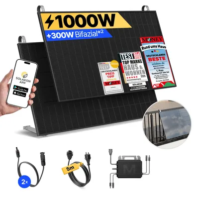 Produktbild von Balkonkraftwerk 1000W Solaranlage mit Balkon Halterung Steckerfertig Komplettset Photovoltaik Anlage 800W - onBasic, Kabellänge:5 m