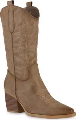 A single brown cowboy boot is shown against a white background.