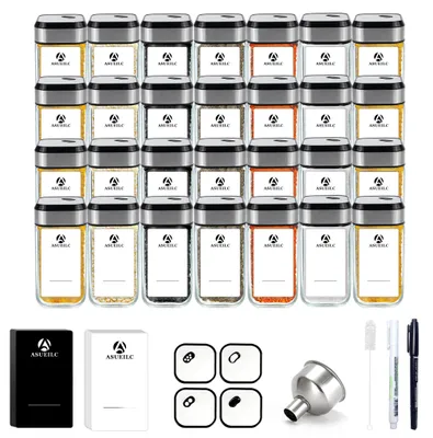 Image de Ensemble de 35 pots à épices - Récipients en verre carrés - 120 ml - Étanches - Bouchons avec ouverture pour saupoudrer - Étiquettes - Transparents