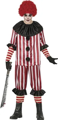 Productafbeelding van Clown Halloween griezelkostuum, masker, onheilspellend, rood en zwart gestreept, horror, maat: 46 - 48 (S), kleur: zwart