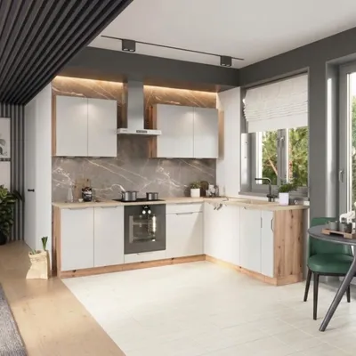 Produktbild von Winkelküche 200x260 cm - Aschegrau - mit beiger Arbeitsplatte - MDF - moderne Eckküche - Schubladen mit Soft-Close - ISABEL