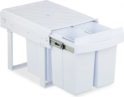 Image de Poubelle encastrable Relaxdays, 4 compartiments, 4 x 8 l, H x l x P : 34,6 x 34 x 51,8 cm, coulissante, système de tri des déchets pour meuble bas, blanc