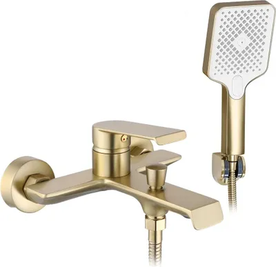 A gold-colored bathtub faucet and showerhead set against a white background.