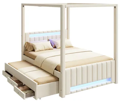 Produktbild von Polsterbett mit LED-Streifen, Stauraum, Lattenrost, Kopfteil, Schubladen und Ausziehbett, 140x200 cm, Doppelbett, Himmelbett, Leinen