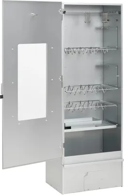 An open, empty metal smoker oven with multiple racks and hooks inside.