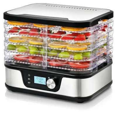 Zdjęcie produktu dla Suszarka do żywności Arendo ze stali nierdzewnej z regulatorem temperatury, suszarka z 5 poziomami, suszarka o mocy 380 W, urządzenie do suszenia, suszarka do owoców, 35–75°C, bez BPA, timer 1–24 godz., do owoców i warzyw, ryb, mięsa