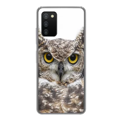 Produktbild von MuchoWow® Handyhülle Schutzhülle Hülle für Samsung Galaxy A03s Porträt einer braunen Eule auf weißem Hintergrund Silikon Softcase Handy Hülle - Schutz