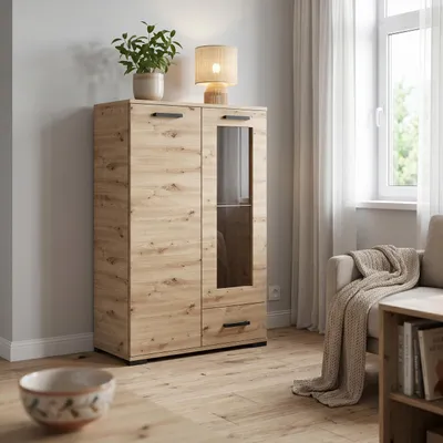 Produktbild von Masseno Kommode ALBANO 80 cm Sideboard mit 1 Schubladen und 2 Türen für Wohnzimmer Schlafzimmer Modern 80x40x125 cm Eiche Artisan