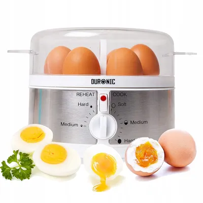 A Duronic egg cooker with eggs inside and cooked eggs displayed in front.