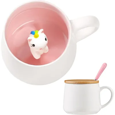 Productafbeelding van 3D-eenhoorn mok met deksel, 360 ml, keramische koffiemok, cadeau voor vrouwen en meisjes