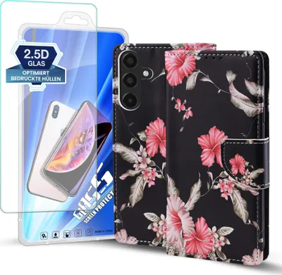 Produktbild von Handy Hülle für Samsung Galaxy A16 / A16 5G mit 9H Displayglas Klapphülle Bookcase Flip Cover Handy Tasche Etui Motiv: Blumen Hibiskus Blüten