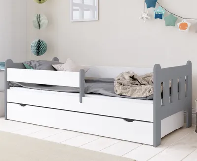 Produktbild von Kinderbett 80x160 | 80x180 | 90x200 cm mit Schublade, Rausfallschutz & Lattenrost in weiß grau 180 x 80 Mädchen Jungen Bett