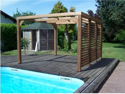 Image de Pergola Thermauvent - Bois thermochauffé - Ventelles mobiles sur 1 paroi - 3,41 x 3,13 m