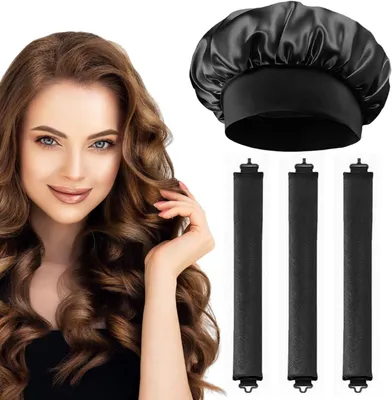 Produktbild von Hitzefreie Lockenstäbe, 3 Stück | Hitzefreie Lockenwickler mit Satin-Haube | Flexistäbe für Locken über Nacht, Schwarz
