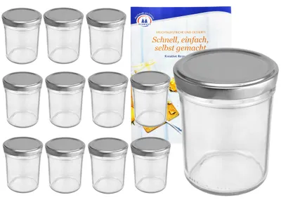A set of 12 glass jars with silver lids and a recipe booklet.