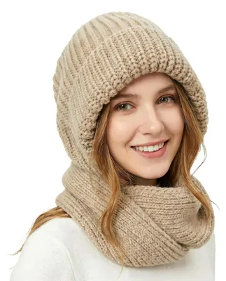 Produktbild von Strickmütze Damen Thermo Winter Beanie Fleece gefüttert Kapuzenschal Khaki