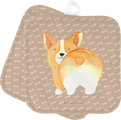 Produktbild von Mr. & Mrs. Panda Topflappen Corgi Po - Hundeglück - Geschenk, Topfuntersetzer, Sprüche, Corgie, Hund, topfhalter, Motivation, Ofenlappen, Kochlappen, Set