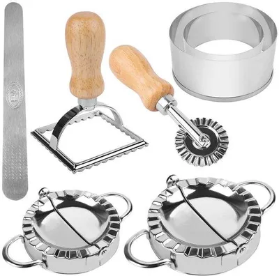 Produktbild von Dumpling Maker Set 7 Stück Edelstahl Dumpling Mold mit Ravioli Cutter und Pasta Cutter Rad für Ravioli Pasta Empanadas