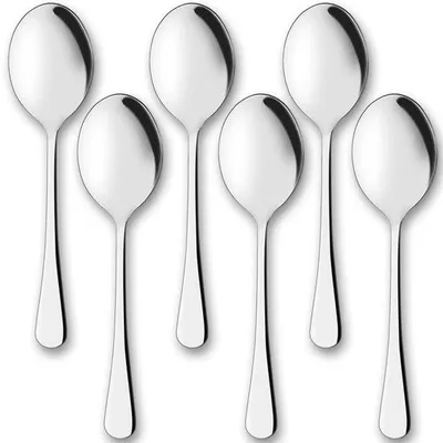 Produktbild von Famanu Servierset Edelstahl - 6 Stück - Suppenlöffel/Salatlöffel/Reislöffel/Esslöffel/Tafelöffel - 25 cm - Glänzendes Design
