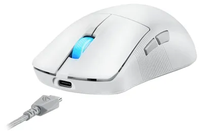 Produktbild von ASUS ROG Harpe Ace Mini, Beidhändig, Optisch, RF Wireless + Bluetooth + USB Type-C, 42000 DPI, Weiß