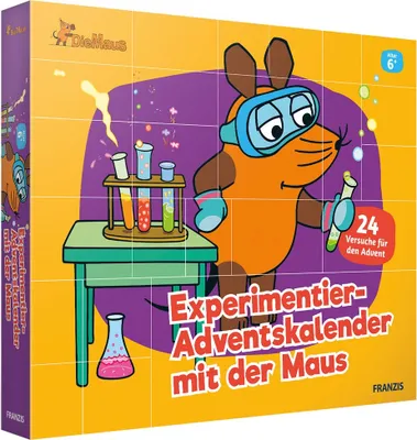 A cartoon mouse wearing goggles and gloves is shown in a science lab setting, holding a test tube. The image is for an advent calendar with science experiments.