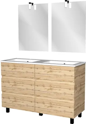 Image de Meuble Salle de Bains 120cm 6 Tiroirs Chêne Naturel + Vasque Blanche + Miroirs avec appliques Led