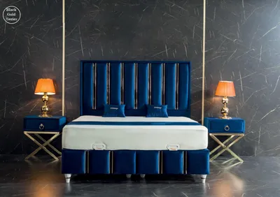 Immagine prodotto di Set di camere da letto Letto blu in metallo Stile elegante 2x Comodini moderni Nuovo 3 pezzi.